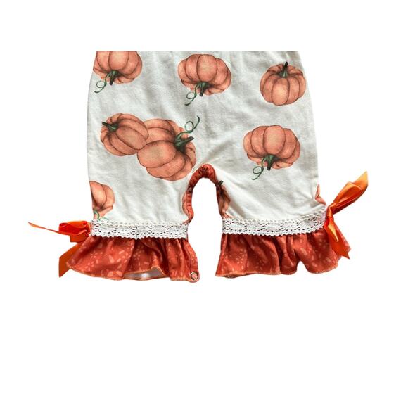 Babies 0-3 Months Long Sleeve Crew Neck Orange and Tan Pumpkin Ruffle Romper - Picture 3 of 14